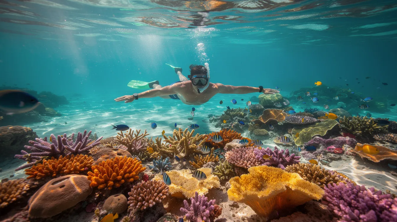 An underwater scene captures a snorkeler gliding above a vibrant coral reef teeming with colorful tropical fish in crystal-clear turquoise water, showcasing the natural wonders of the Caribbean Sea. This breathtaking view reflects the beauty of Mexico's aquatic life, inviting visitors to explore its stunning marine ecosystems.