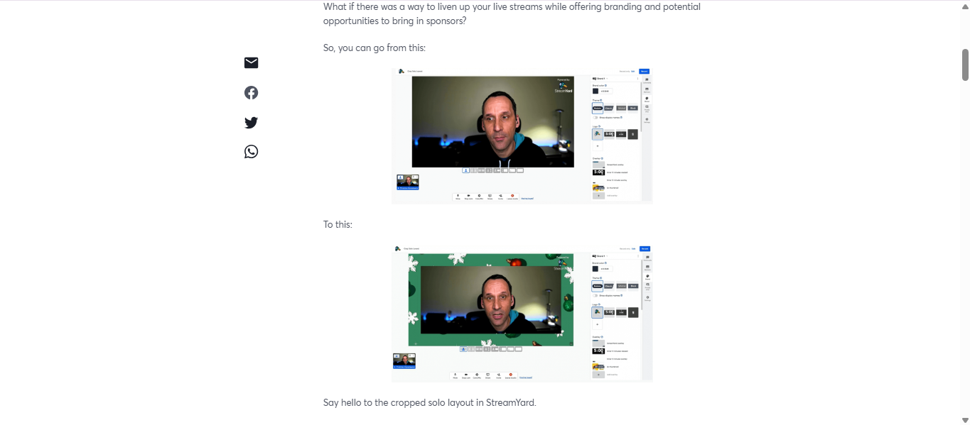 A transformation of a normal default screen on StreamYard into a screen with your branding in it.