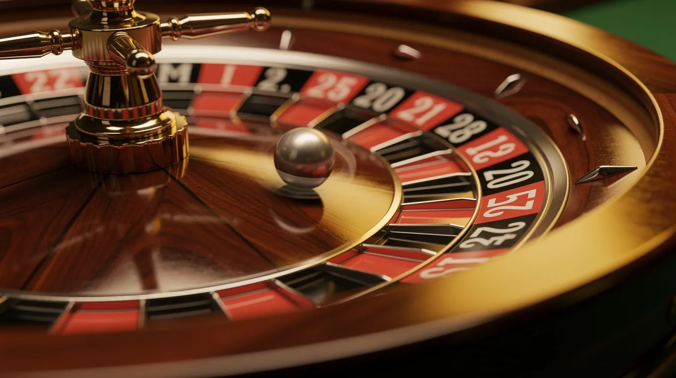 Eine Nahaufnahme eines sich drehenden Roulettekessels, in dem eine silberne Kugel über die Fächer rollt, wird von warmem Licht beleuchtet. Diese Szene vermittelt die Atmosphäre eines aufregenden Spiels in einem Casino, wo Spieler auf ihr Glück setzen.