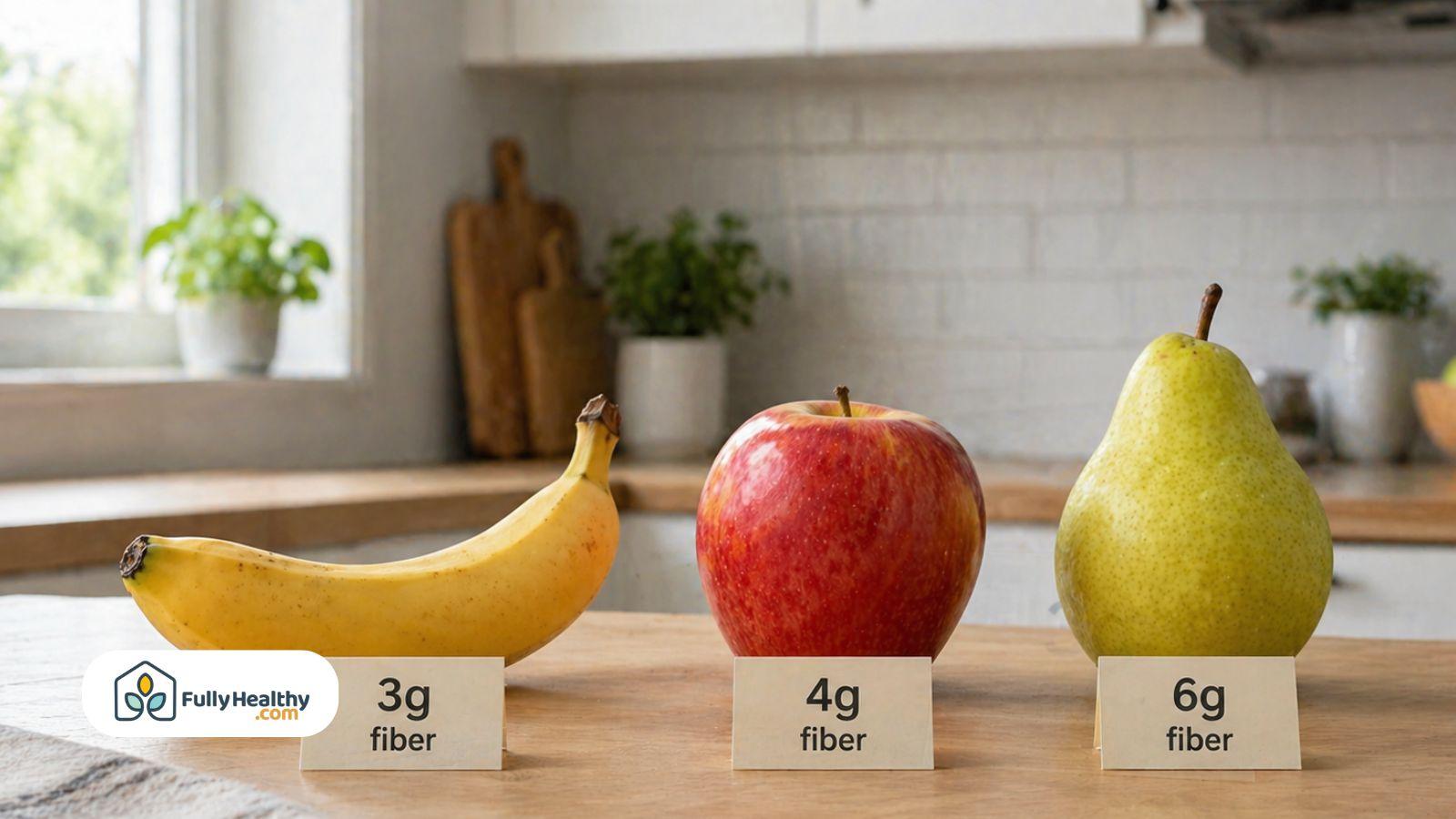 Banana apple pear comparison showing fiber amounts on kitchen counter