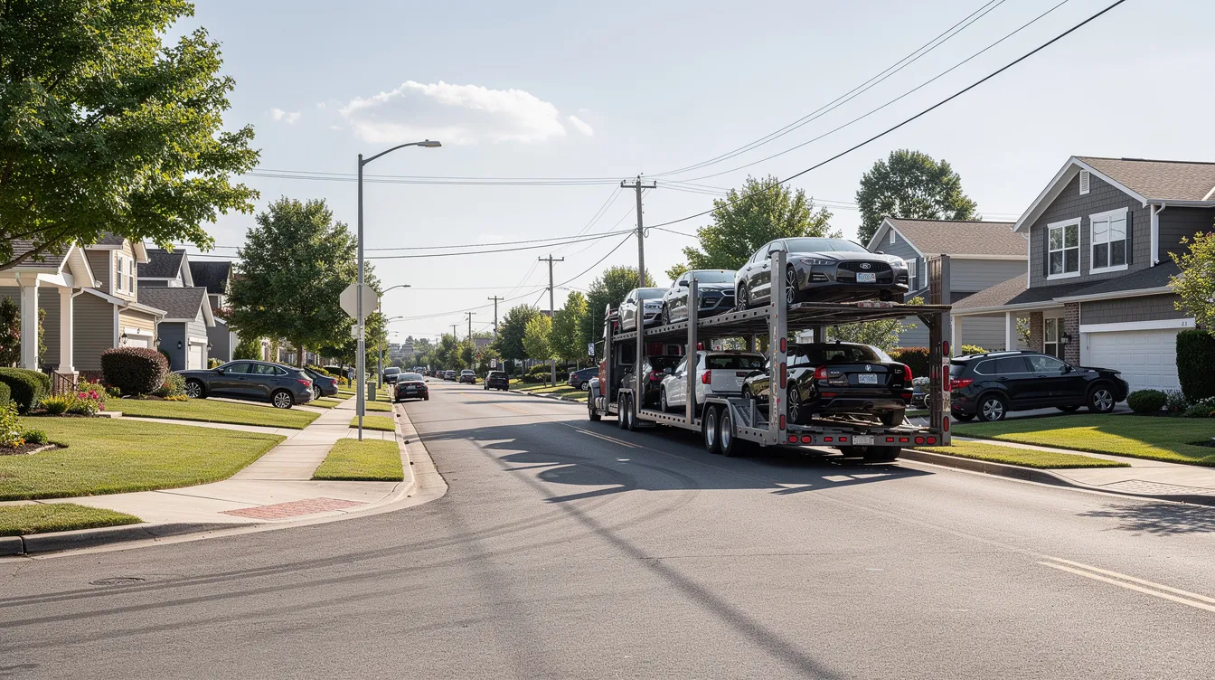 The image depicts a quiet residential street lined with homes, where a vehicle carrier truck is parked, ready for car shipping services. This scene reflects the convenience of auto transport in Fort Worth, Texas, catering to various car shipping needs.