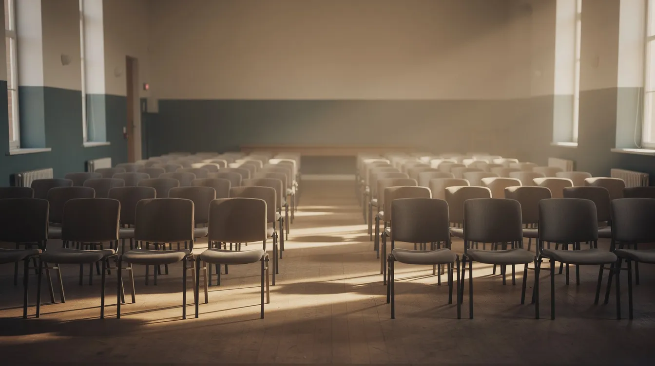 Een rustige zaal met lege stoelen is sfeervol verlicht door zacht licht, wat een serene en contemplatieve sfeer creëert. Deze setting kan worden geassocieerd met bijeenkomsten voor spirituele genezing of alternatieve geneeswijzen, waar mensen samenkomen om te luisteren naar paranormale genezers en hun bijzondere gaven.