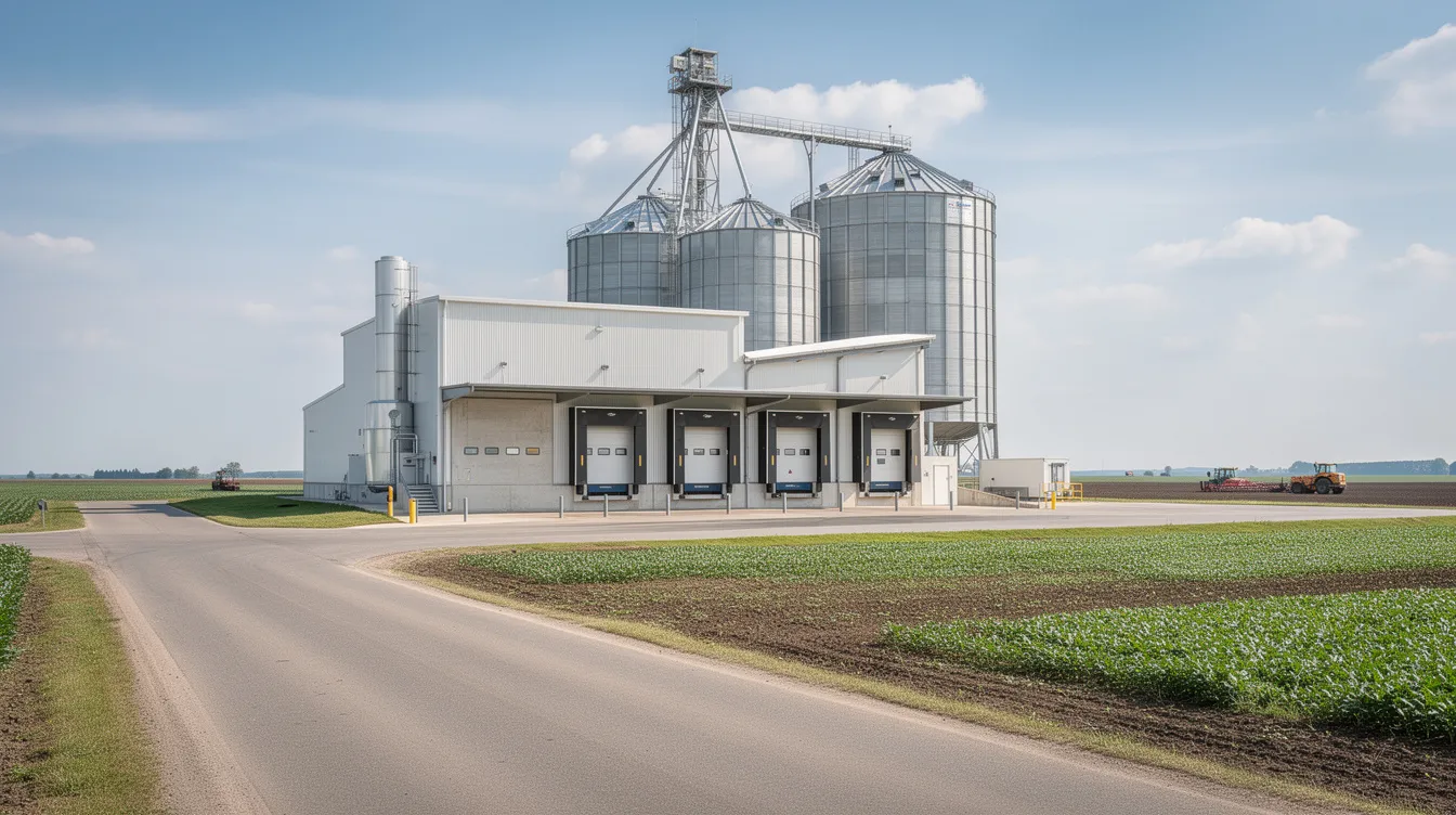 f77fdd5c 1003 492b b01a 48e1ba3ebcd9 The image depicts a modern agro-processing plant featuring loading docks and silos, set against a backdrop of lush agricultural land. This facility is likely involved in the production of pulse proteins, such as pea protein and mung bean protein isolates, contributing to the growing demand for plant-based proteins in the food industry.