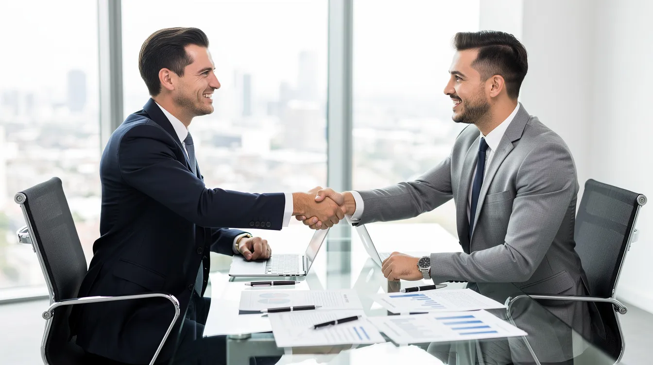 The image depicts two professionals engaged in a handshake across a conference table, surrounded by various legal documents related to commercial lending transactions. This scene illustrates a moment of agreement between corporate clients, likely involving negotiations on loan agreements or financing terms.