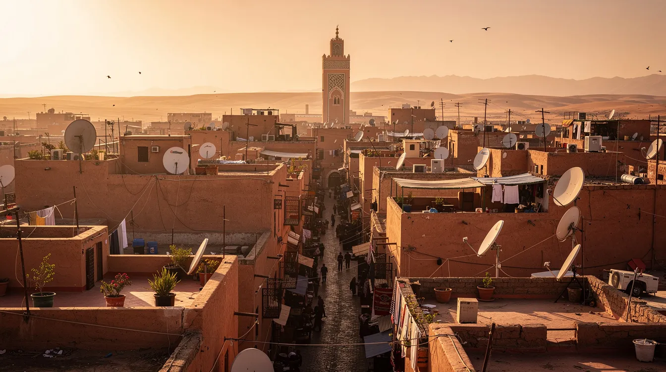 The image captures a panoramic view of a Moroccan medina at golden hour, showcasing terracotta rooftops and a distant minaret, embodying the charm of local culture. This scene highlights the vibrant atmosphere typical of Moroccan cities, inviting travelers to explore the rich history and street food options available in this captivating destination.