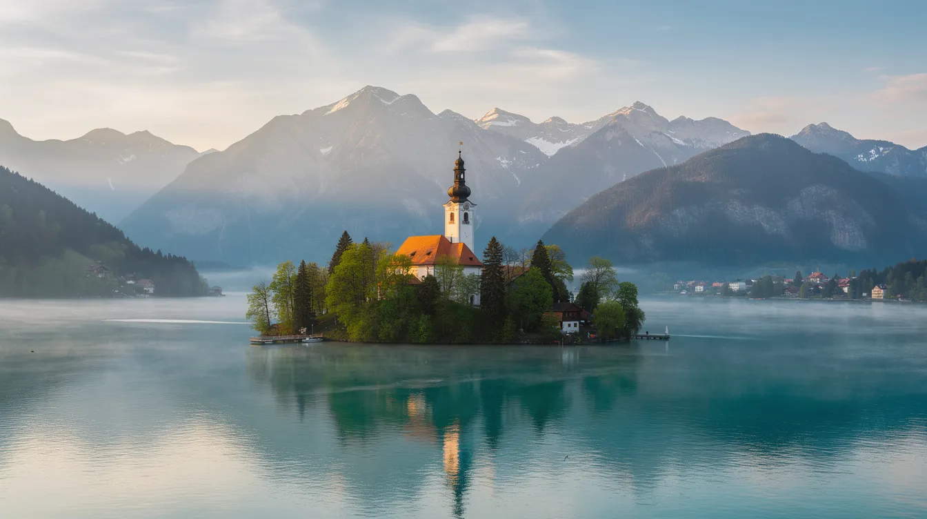 Imagem do Lago Bled, na Eslovênia, com uma ilha central que abriga uma igreja branca. Ao fundo, destacam-se montanhas cobertas de neve, criando uma paisagem serena e deslumbrante.