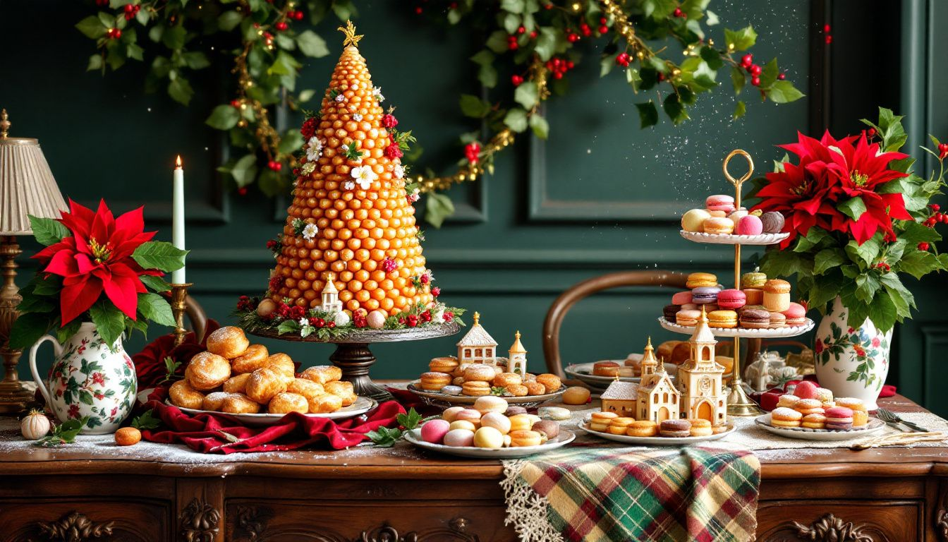 A selection of classic French Christmas pastries displayed on a festive table.