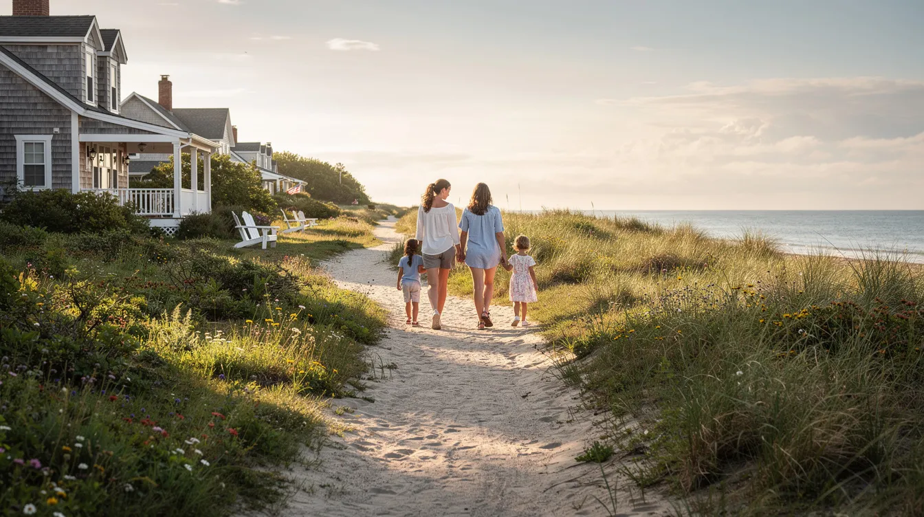 A family strolls along a serene beach path in Connecticut, flanked by coastal homes and lush greenery, showcasing the community's commitment to economic and community development. This peaceful scene highlights the importance of family and nature in urban settings, contributing to the overall quality of life in the region.