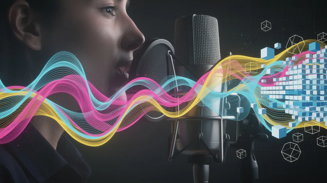 The image depicts a person speaking into a microphone, surrounded by vibrant sound waves that transform into organized geometric shapes, symbolizing the flow of ideas. This visual representation captures the essence of business process management and the optimization of complex processes through effective communication.