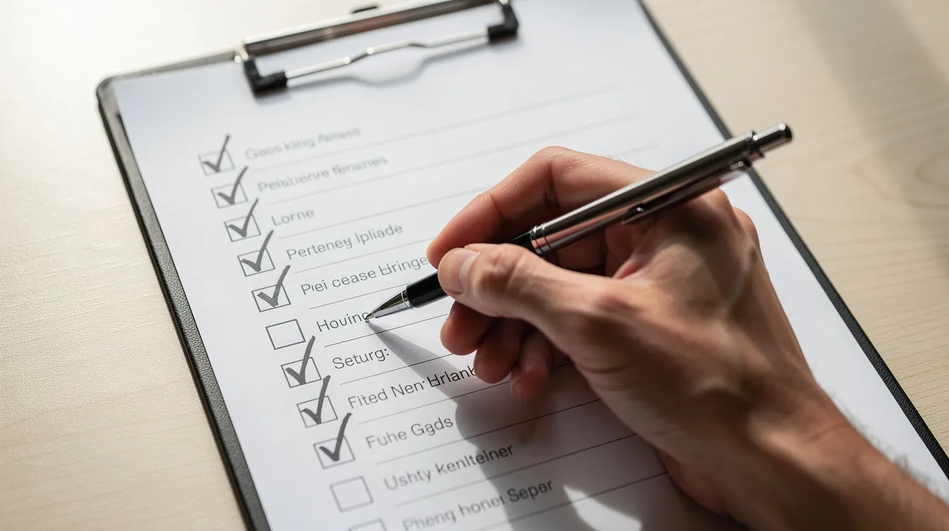 An image shows a hand holding a pen, checking off items on a printed checklist attached to a clipboard. This scene suggests a careful review of financial tasks, possibly related to managing debts or loan applications, highlighting the importance of maintaining a clear financial status.