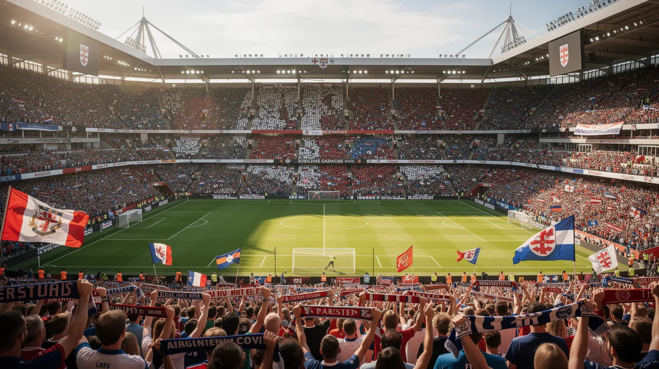 A vibrant English football stadium is packed with enthusiastic fans cheering for their team on a Saturday afternoon, while the lush green pitch is clearly visible beneath a bright sky. The atmosphere is electric as supporters engage in the game, making predictions and celebrating their team's performance in the league.