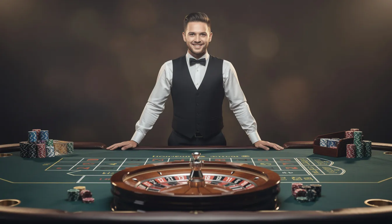 En professionell casinodealer står vid ett roulettbord i en elegant studio, omgiven av mjukt ljus och stiliga dekorationer. Denna miljö skapar en autentisk känsla av ett live casino, där spelare kan njuta av spänningen hos klirr casino.
