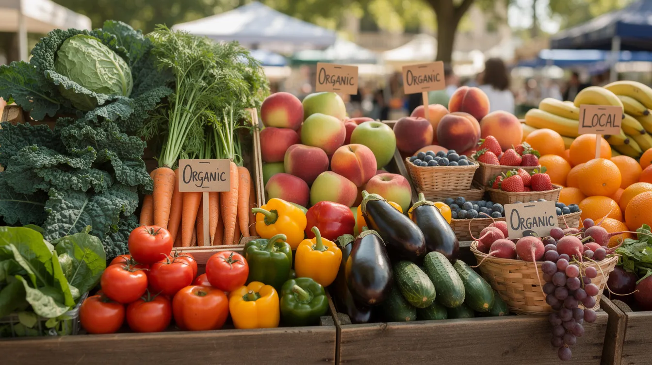 A vibrant outdoor market stall showcases a variety of fresh organic vegetables and fruits, highlighting the growing demand for healthy food options in the retail business sector. This scene represents a profitable business opportunity for aspiring entrepreneurs in Dehradun, where organic products have a consistent market presence.