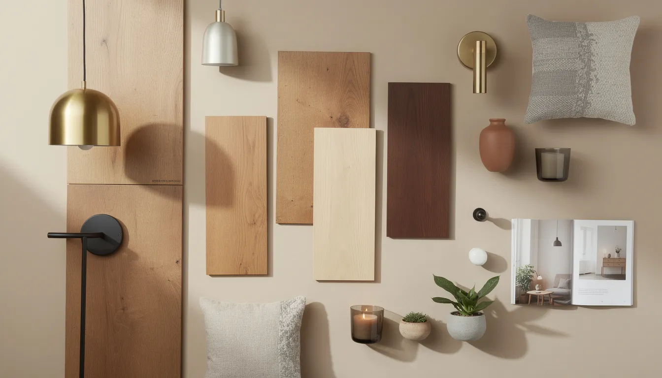 Een moodboard toont een stijlvolle combinatie van houten panelen, metalen verlichting en diverse woonaccessoires, perfect voor een unieke binnenkomst in een hal of smalle gang. De akoestische wandpanelen en lattenwand kapstok bieden zowel functionaliteit als esthetiek, waardoor elke ruimte een gezellige uitstraling krijgt.