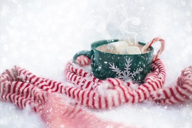 hot chocolate, snow, scarf