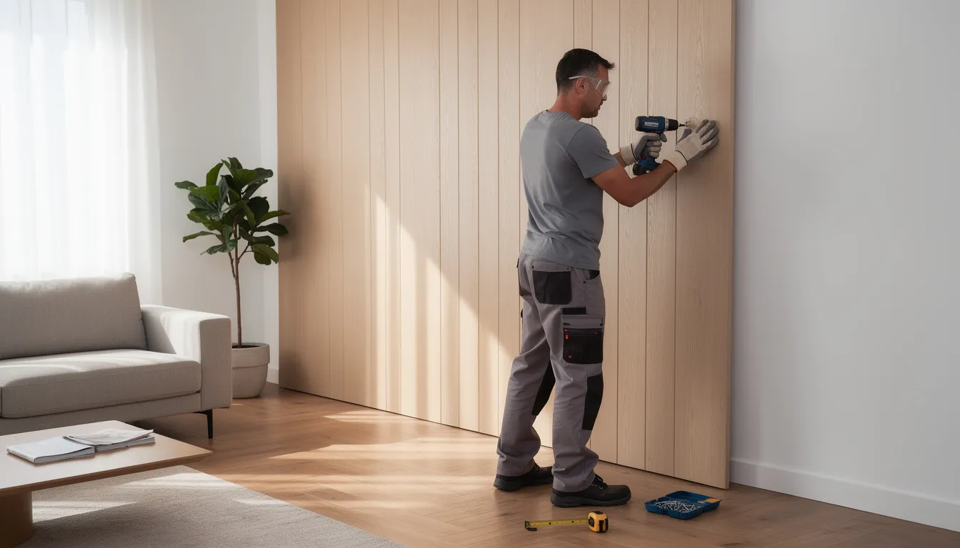 Een persoon bevestigt houten wandpanelen aan een kale woonkamermuur met behulp van gereedschap. Deze akoestische wandpanelen creëren een warme en moderne uitstraling achter de tv, terwijl ze ook bijdragen aan een betere geluidskwaliteit in de ruimte.