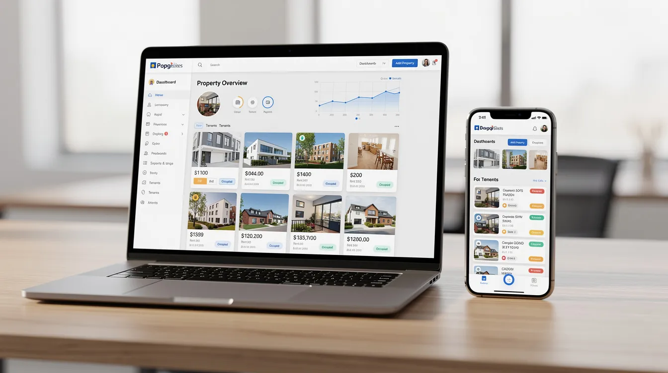 The image shows a laptop and a smartphone displaying a property management portal, illustrating how property owners can easily access property management services and financial management tools. This setup highlights the convenience of managing rental properties and building operations from anywhere, emphasizing the role of professional property management in enhancing communication and efficiency.