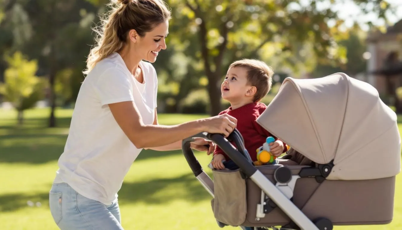 A parent is effortlessly folding a lightweight pushchair with one hand while securely holding a child in the other. The compact design of the stroller allows for a convenient one-handed fold, making it a practical choice for busy parents on the go.