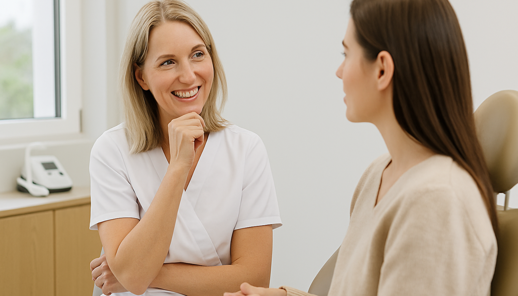 Privat tannlege: Når du vil ha tid, trygghet og skreddersydd oppfølging 9 Smilende tannlege i samtale med pasient i lyst behandlingsrom for trygg og personlig oppfølging.