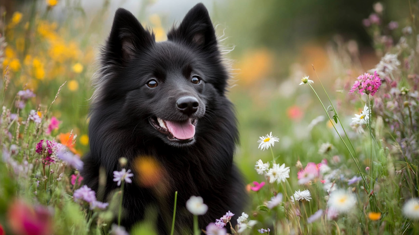 A Swedish Lapphund in a flowered meadow