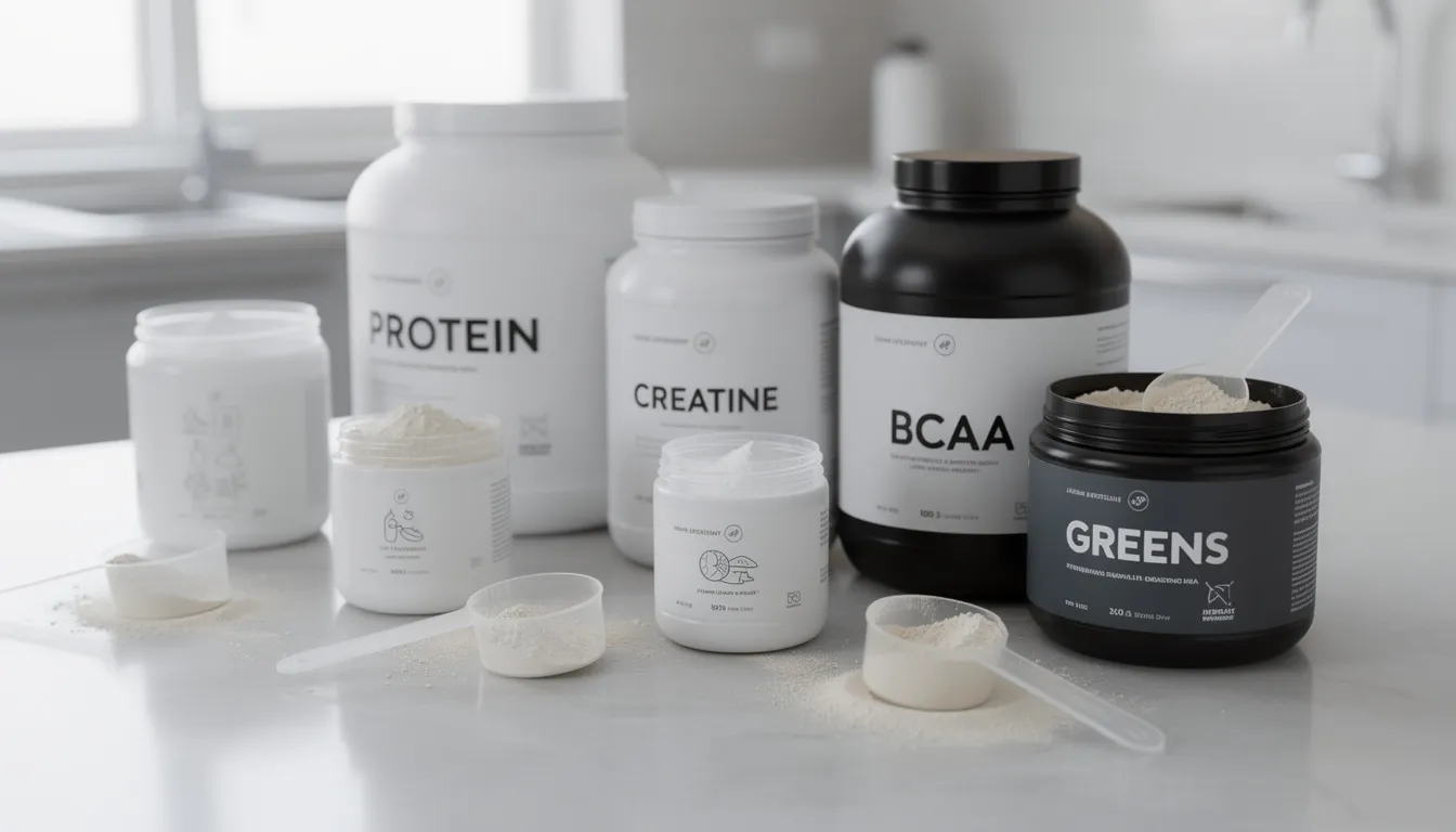 The image depicts a variety of supplement powder containers and scoops arranged on a kitchen counter, highlighting products such as creatine supplements that are commonly used to increase muscle mass and improve exercise performance. These dietary supplements are often associated with temporary water weight gain, as creatine draws water into muscle cells, potentially leading to an increase in body weight.