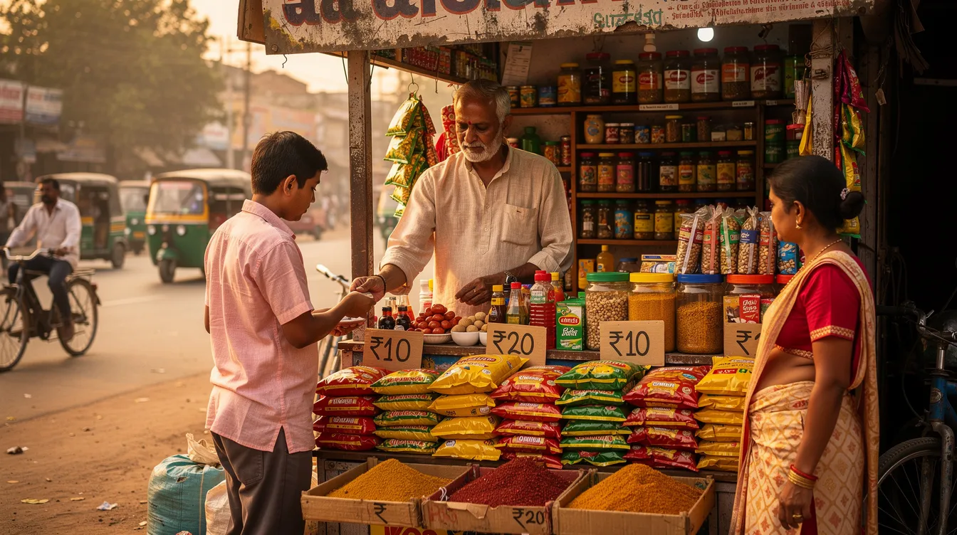 The image depicts a small roadside shop owner in India, actively serving customers at a vibrant market stall filled with colorful goods. This scene reflects the entrepreneurial spirit supported by the government's flagship scheme, which provides collateral-free mudra loans to micro enterprises, helping to enhance income-generating activities for individuals and small businesses.