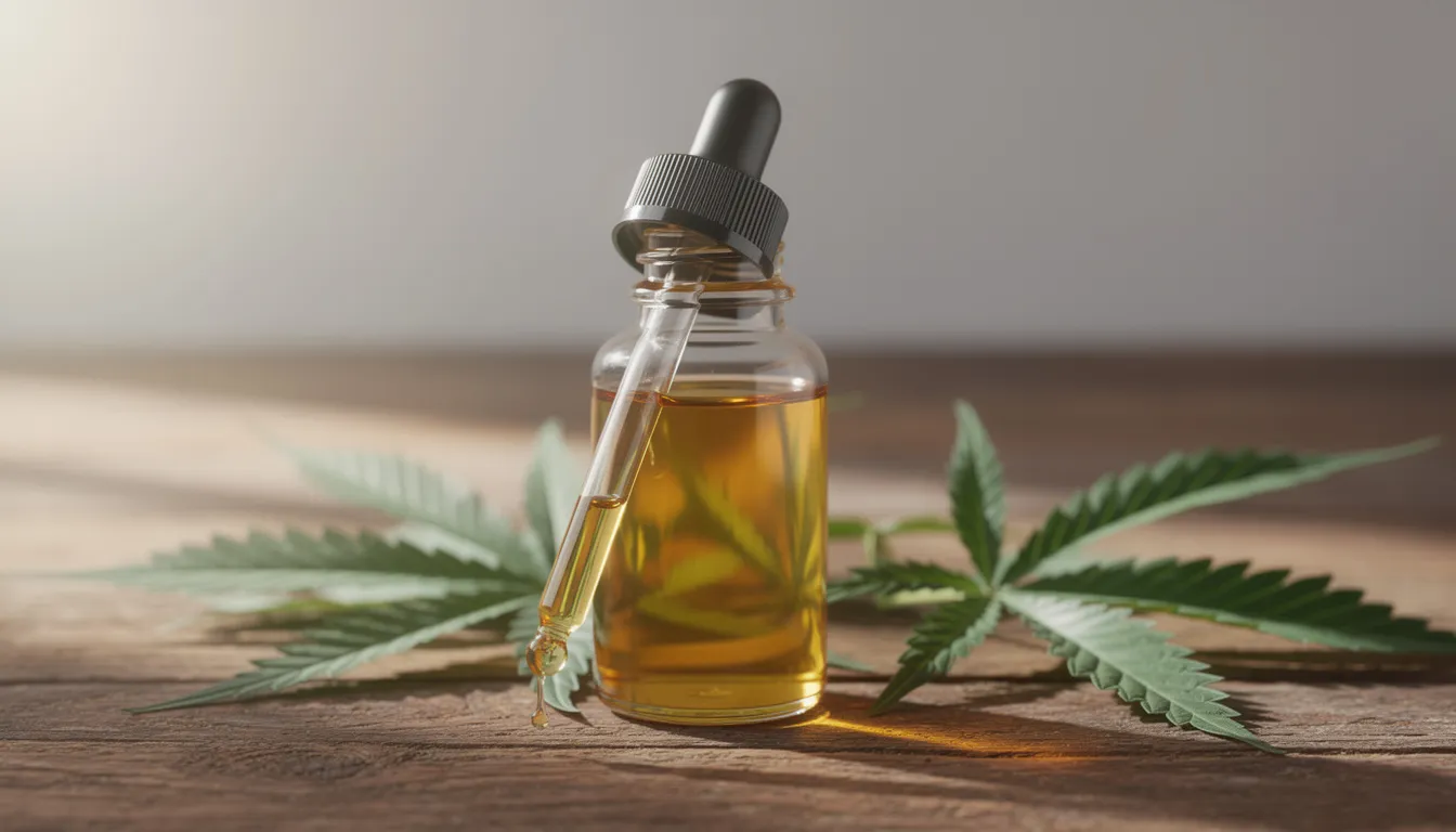 Das Bild zeigt eine Glasflasche mit goldenem CBD Öl, die neben frischen Hanfblättern auf einer Holzoberfläche platziert ist. Dieses hochwertige Produkt, das Cannabidiol enthält, repräsentiert die Kraft der Hanfpflanze und wird häufig für seine positiven Wirkungen auf die Gesundheit geschätzt.