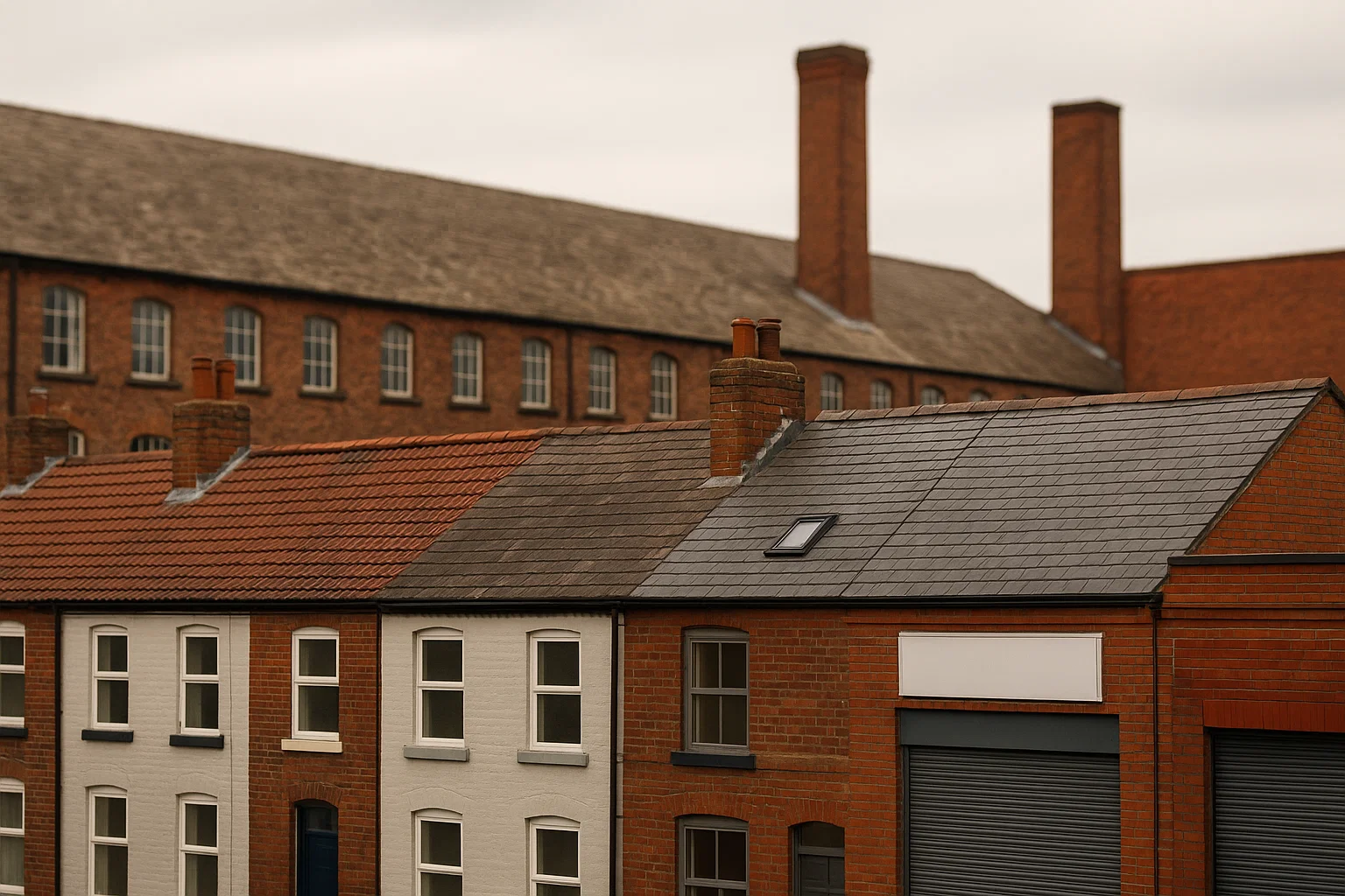 Mixed roofing styles across old and modern buildings in Manchester