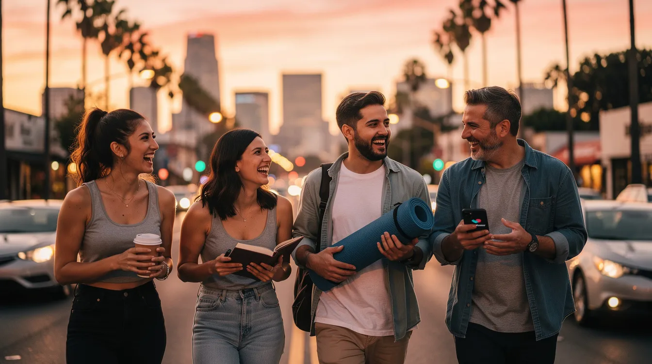 The image depicts a vibrant speed dating event in a relaxed environment, where Los Angeles singles gather to meet new people and connect over fun activities. Participants are engaged in conversation, sharing laughs, and enjoying their time at a popular venue like Grand Central Market, highlighting the exciting dating scene in the city.