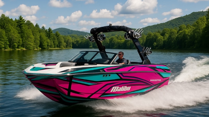 Boat wrapped in colorful vinyl wrap