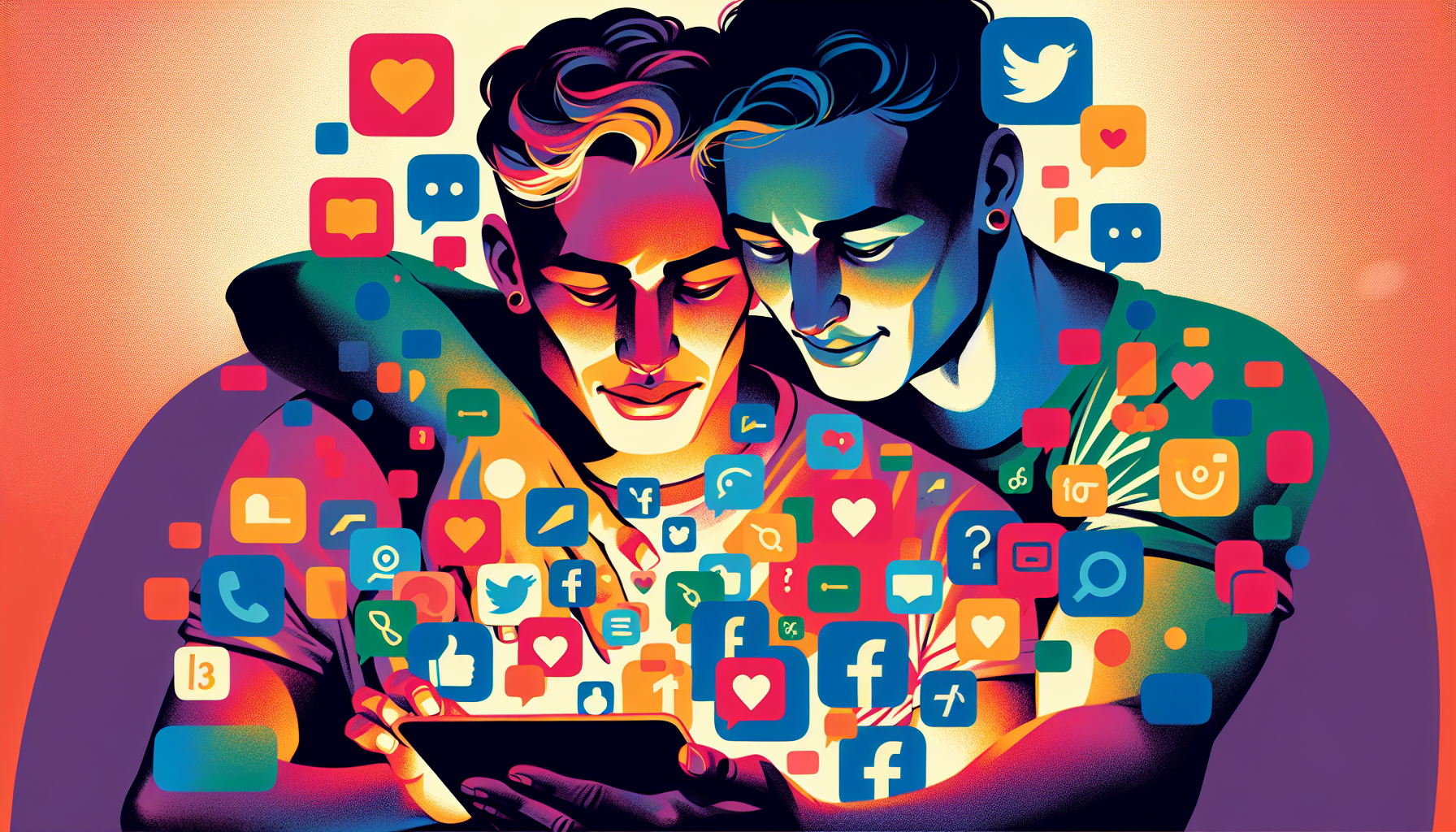 Illustration of LGBTQ+ couple navigating social media together
