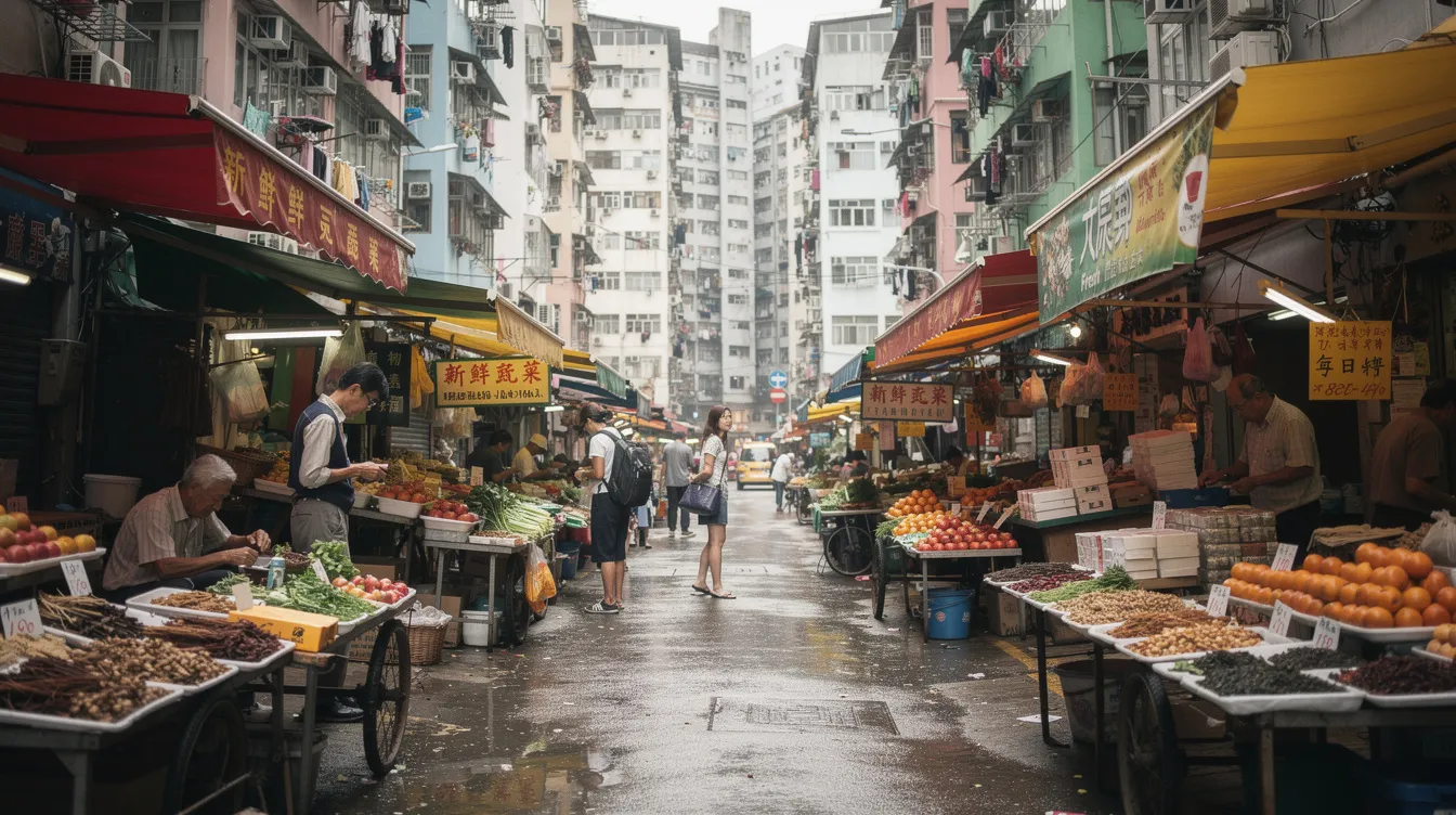 The image depicts a quiet street market in Hong Kong during a weekday afternoon, with a few scattered customers browsing stalls that offer various local goods. The serene atmosphere contrasts with the bustling energy typically associated with such markets, highlighting a moment of calm in the city.