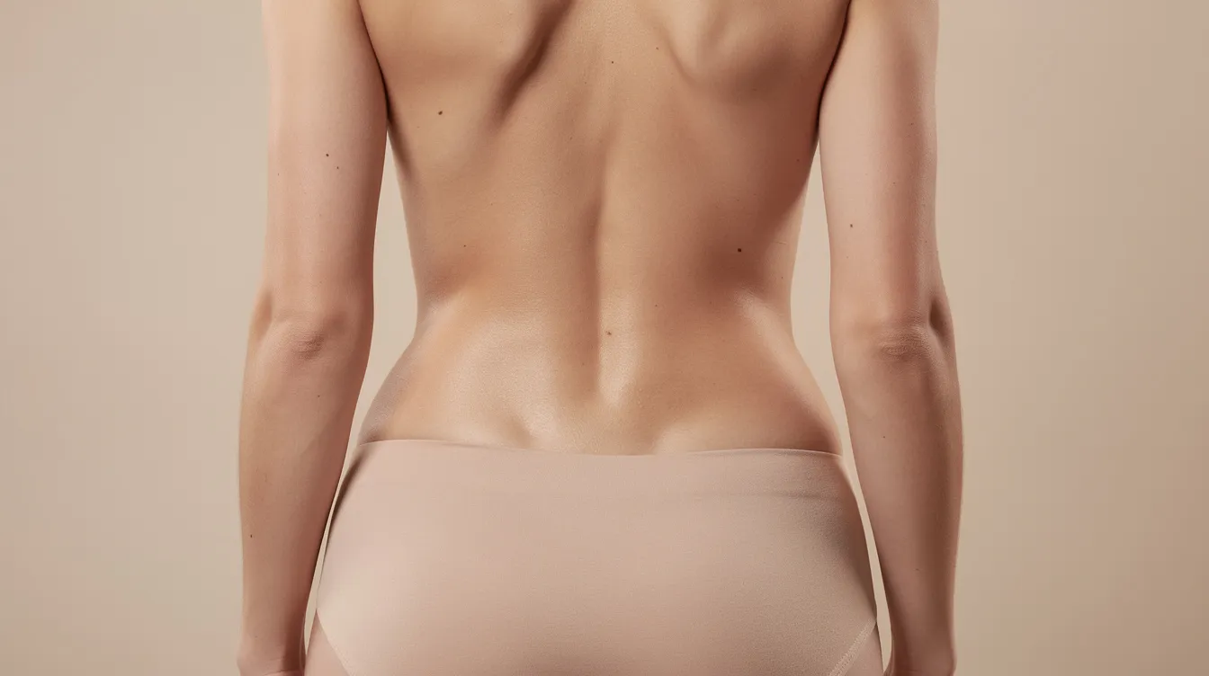 The image depicts a smooth, contoured back following a body contouring procedure, showcasing the results of back lift surgery. The skin appears tight and free of excess skin, highlighting the transformation after significant weight loss and the removal of sagging skin around the upper back and bra line.