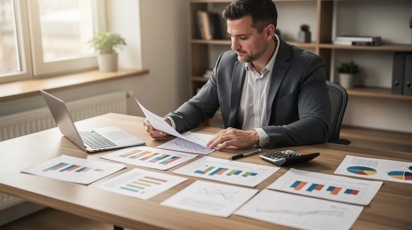 A small business owner is seated at a wooden desk, intently reviewing printed reports and charts that detail their business performance. This scene reflects the importance of local SEO services and digital marketing strategies in enhancing online visibility and achieving business goals in Gainesville.