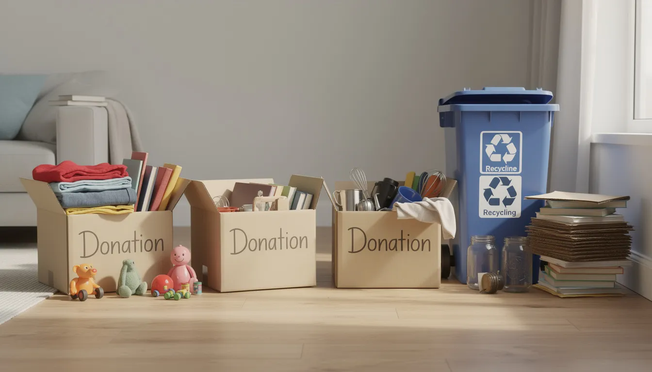 The image depicts a neatly organized selection of household items ready for donation, with boxes labeled for local charities positioned next to a recycling bin. This scene reflects the efficient junk removal process often utilized during apartment cleanouts, ensuring a hassle-free transition for tenants moving out.