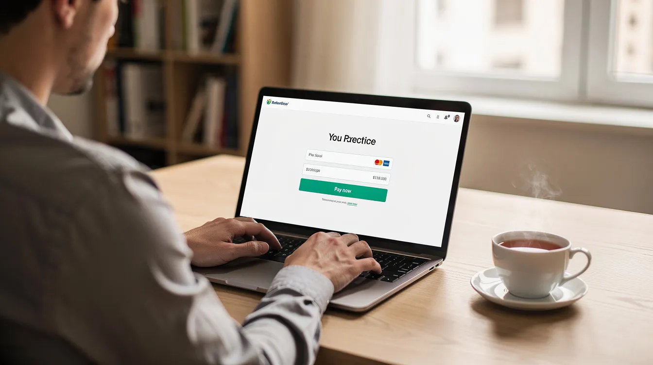 A person is seated at a desk, focused on their laptop while sipping a cup of tea, as they navigate the allied bank website to send an online payment. The screen displays a secure transaction interface for international money transfers, highlighting the convenience of sending money to loved ones abroad.