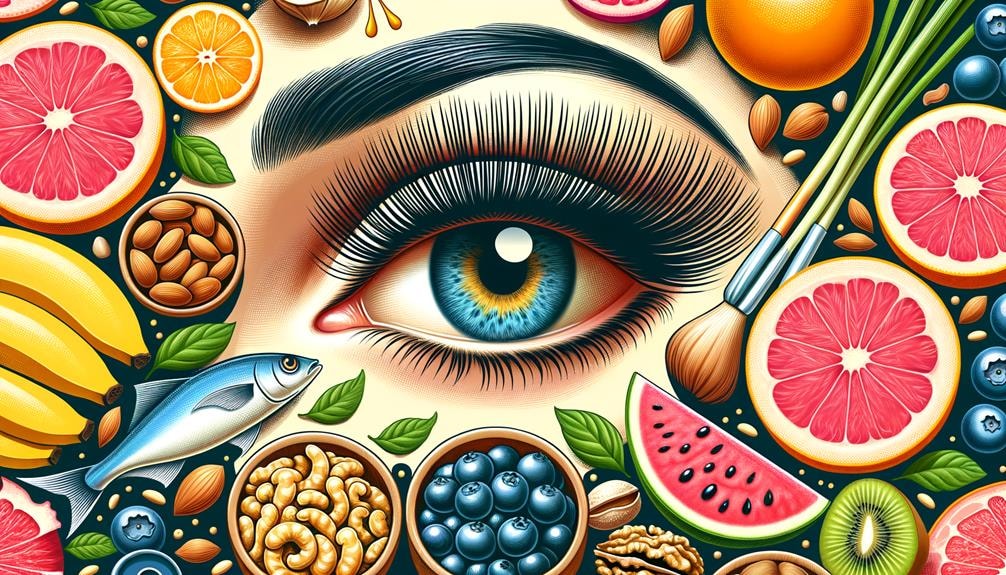 a healthy, radiant eye with long, strong eyelashes. Including various nutrient-rich foods like fish, nuts, and fruits in the background, symbolizing eyelash growth through nutrition.