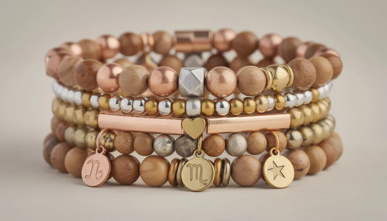 The image showcases a collection of elegant beaded bracelets featuring metal accents in rose gold, sterling silver, and brass, enhancing their contemporary appeal. Each bracelet is adorned with unique charms and pendants, adding a personal touch to these stylish accessories.