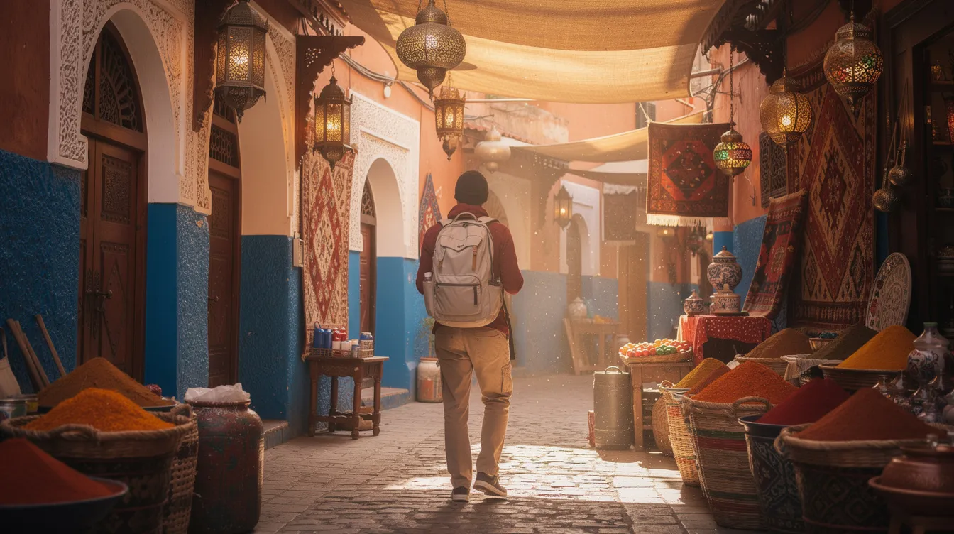 A solo traveler strolls through a vibrant Moroccan medina, surrounded by colorful lanterns, aromatic spices, and traditional architecture. The scene captures the essence of Morocco, perfect for those seeking a solo adventure while exploring local communities and enjoying the unique blend of Moroccan cuisine.