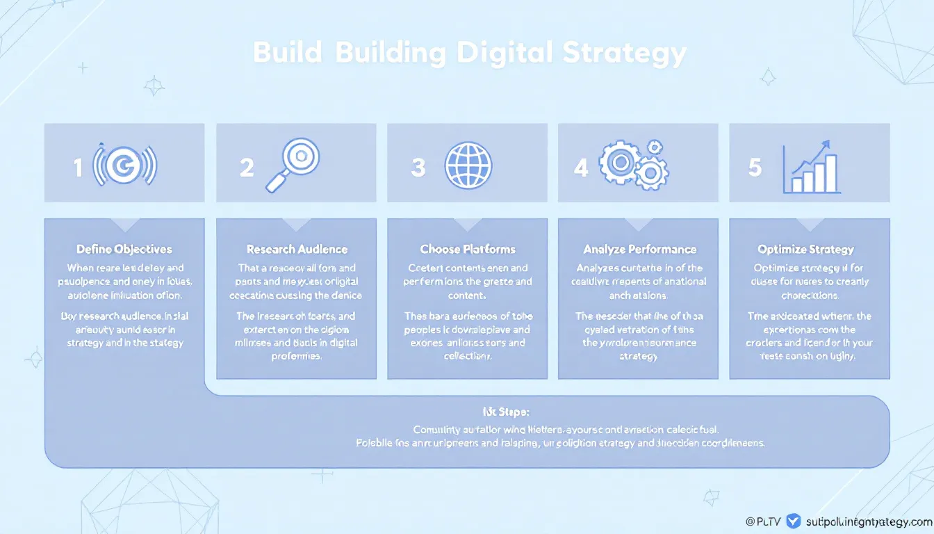 In the image titled "Building Your Digital Strategy: A Step-by-Step Approach," a diverse group of professionals collaborates around a table filled with digital tools and devices, discussing a digital transformation journey. They are focused on developing a business strategy that enhances customer satisfaction and operational efficiency in the digital age, highlighting the critical importance of data-driven decision making and embracing new technologies for medium-sized enterprises.