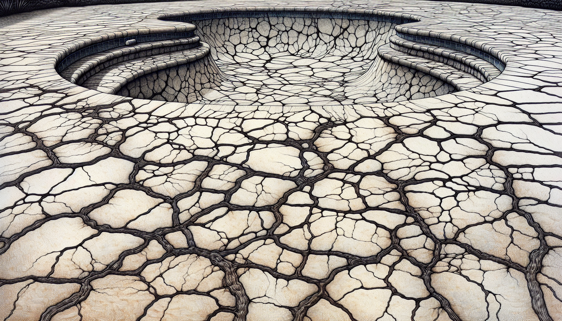 Hairline and larger cracks on a concrete pool deck