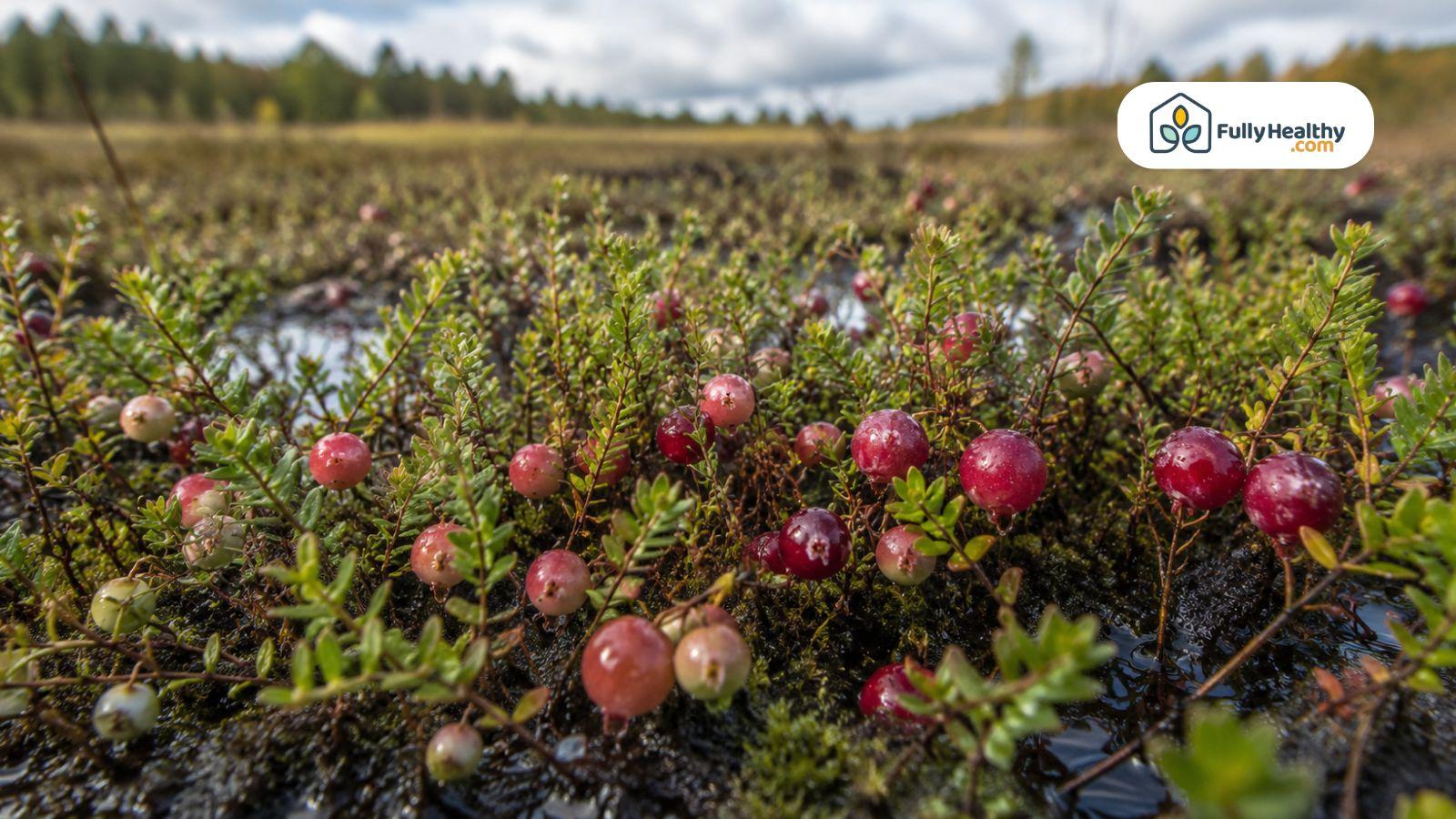 Ripe cranberries growing on low plants in wet bogland conditions