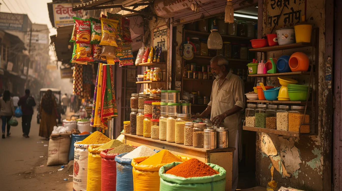 f79d3753 e131 4877 800b b0d997712a3d The image depicts a small trading shop in an Indian bazaar, with various goods neatly arranged on shelves, showcasing the vibrant atmosphere of local commerce. This setting highlights the opportunities for small and micro enterprises to thrive, particularly with financial assistance programs like the Pradhan Mantri Mudra Yojana, which supports business registration and growth through accessible loans.