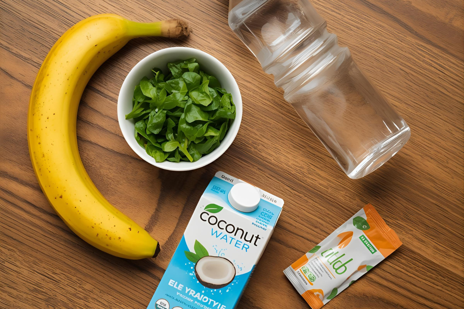 Water bottle, banana, coconut water, and electrolyte packets arranged on a wooden surface.