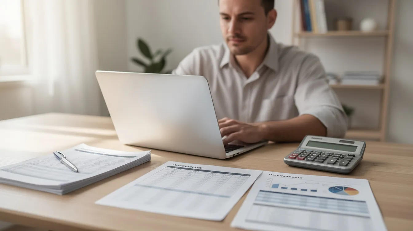 A person is sitting at a desk working on a laptop, surrounded by financial documents and a calculator, indicating they are preparing a detailed project report related to a business loan or a mudra loan project report. The scene suggests a focus on financial planning and analysis for a small business or micro enterprise.