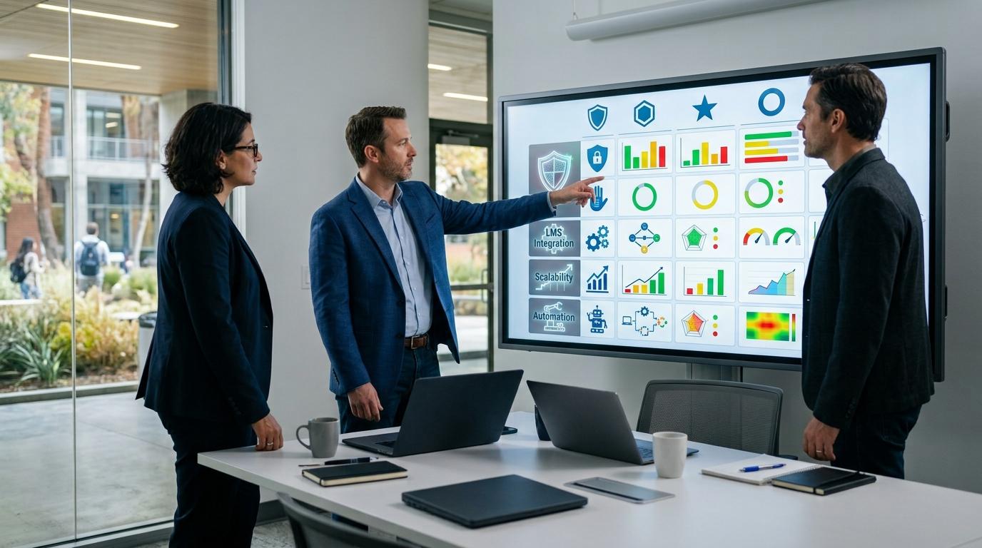 University administrators comparing multiple online proctoring platforms on a digital decision dashboard with visual indicators for security, privacy, LMS integration, scalability, and automation.