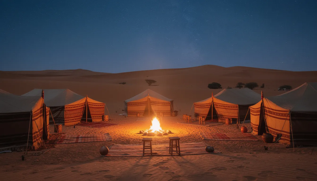 A traditional Berber tent camp is set up in the Sahara Desert at night, illuminated by a glowing campfire, with a stunning view of the starry sky overhead. This luxury desert camp offers an authentic experience, surrounded by the serene sand dunes of Erg Chebbi, ideal for travelers on a Fes to Merzouga desert tour.