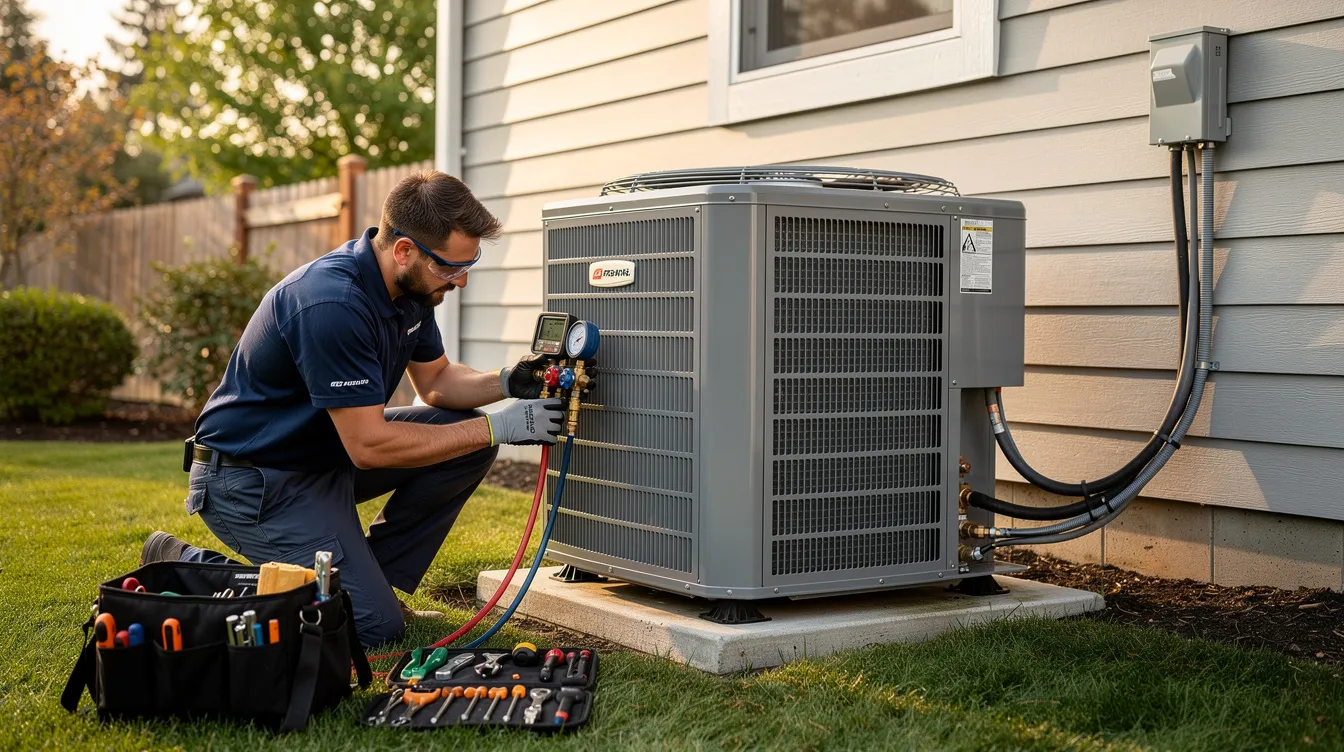 A professional HVAC technician is seen installing a 4 ton AC unit's outdoor condenser in a residential backyard, ensuring optimal performance and energy efficiency. The technician is focused on proper sizing and installation to meet the home's cooling needs while considering local climate factors.