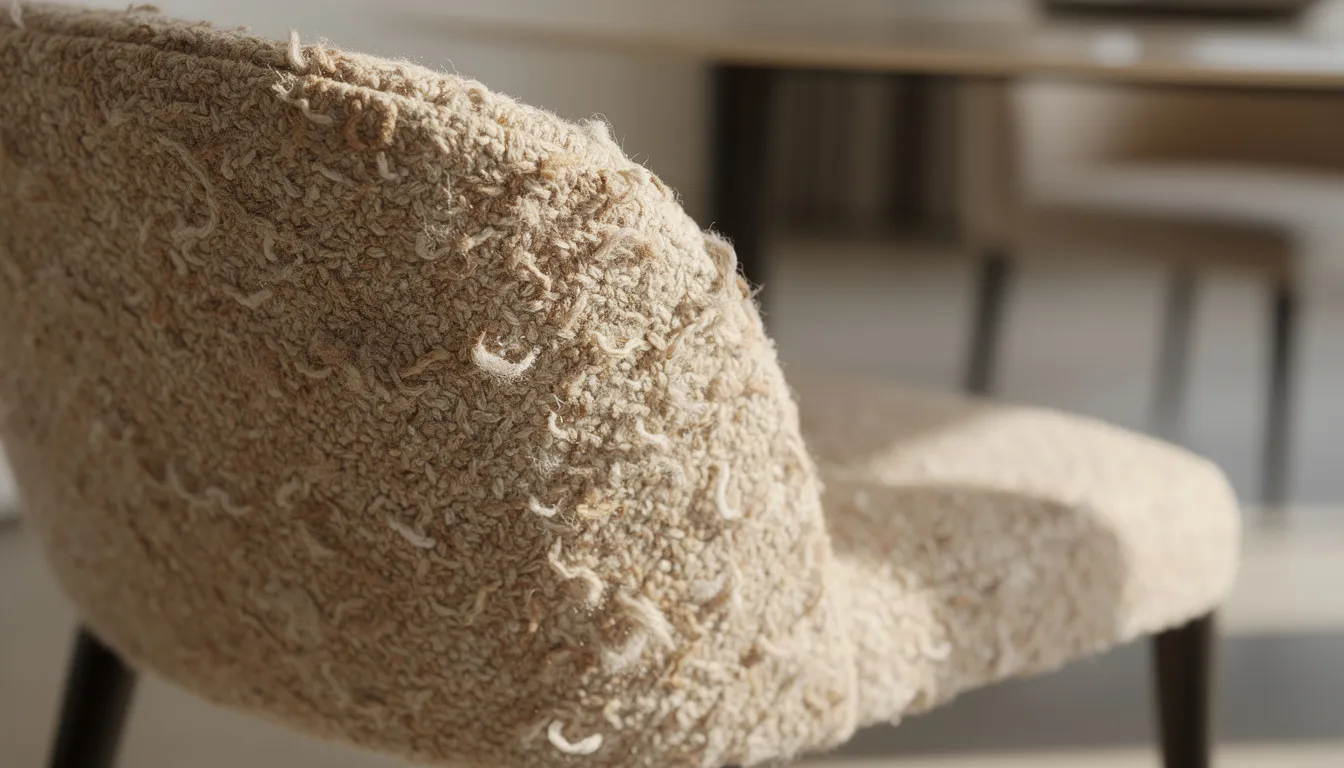 Close-up van een luxe eetkamerstoel bekleed met zachte bouclé stof in een neutrale beige tint, die een warme uitstraling heeft. Deze draaibare eetkamerstoel biedt optimaal zitcomfort en past perfect in een moderne eethoek.