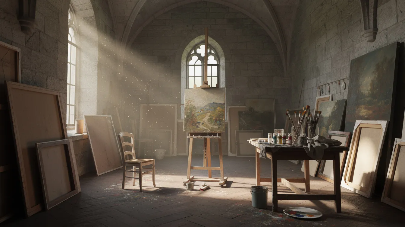 In een schildersatelier binnen een historisch kasteel vallen de zonnestralen door de grote ramen op een ezel met doeken en verf. Het atelier ademt de sfeer van kunst en geschiedenis, waar kunstenaars hun technieken en creativiteit kunnen uiten.
